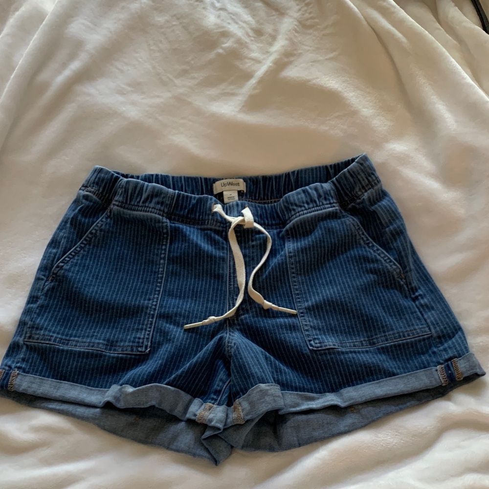 Excellent condition -  UpWest Pin Striped Blue Jean Shorts with Drawstring